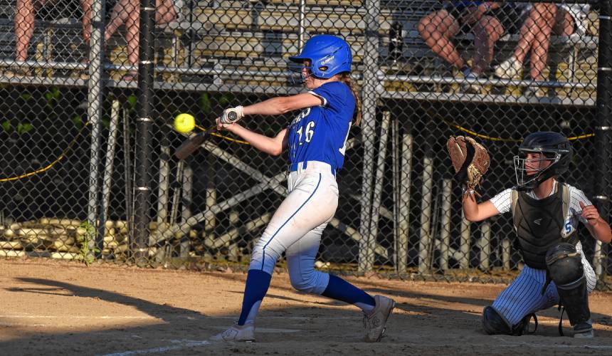 Turners Falls’ Autumn Thornton (16) puts the ball in play against Hopedale during the Thunder’s 4-1 victory in the MIAA Division 5 semifinal round on Wednesday night at Rockwood Field in Worcester.