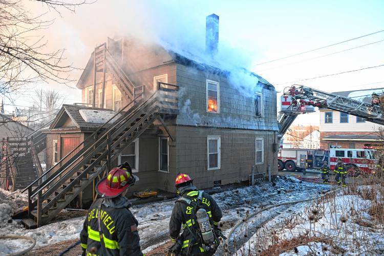 Several area fire departments responded to this two alarm blaze at this apartment house fire early Sunday morning at 75 School St. in Greenfield.