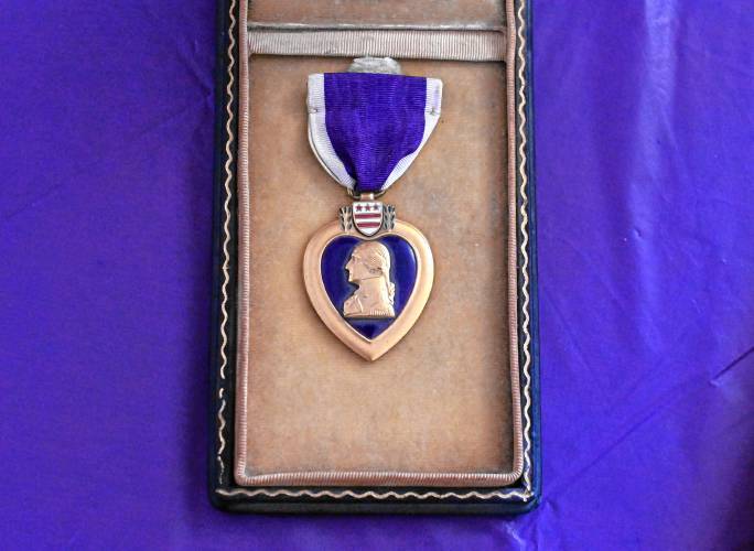 Arthur H. Phillips’ Purple Heart on display during a March 4 ceremony at Buckland Town Hall.