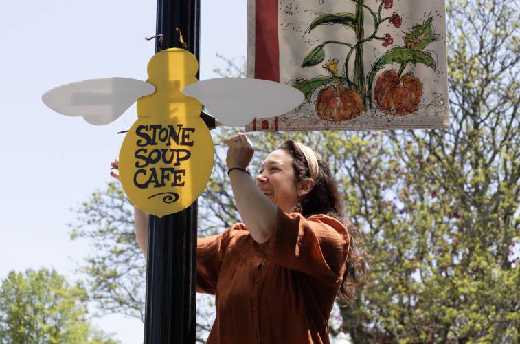 Greenfield Business Association Director Hannah Rechtschaffen installs bee signs on light posts on Main Street in Greenfield on Monday, promoting the upcoming Bee Fest on Saturday.