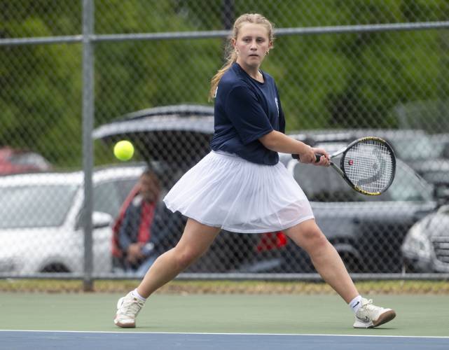 Frontier Regional's Kayla Fagan competes during the PVIAC Class B tournament championship against Belchertown at Belchertown High School, Wednesday, May 21, 2025, in Belchertown.