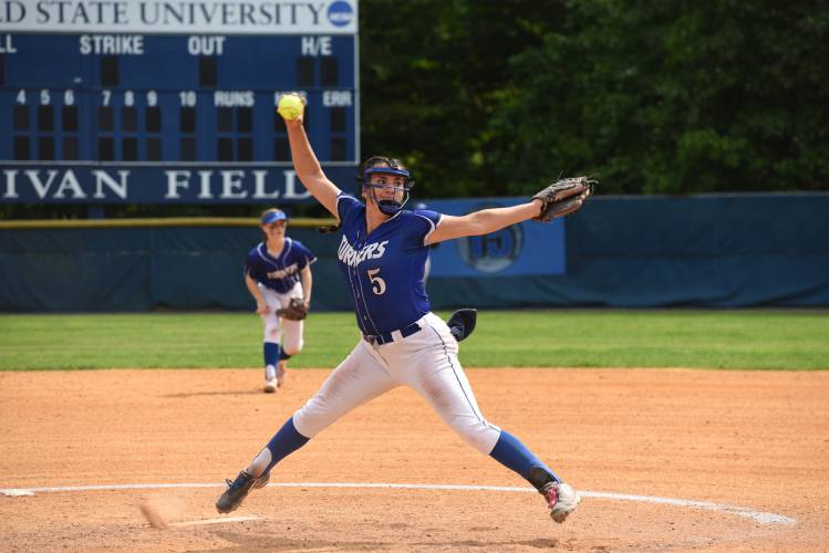 Turners Falls’ Madi Liimatainen delivers a pitch during the Thunder’s 12-1 win over Hoosac Valley in the Western Mass. Class D final on Wednesday at Westfield State University.