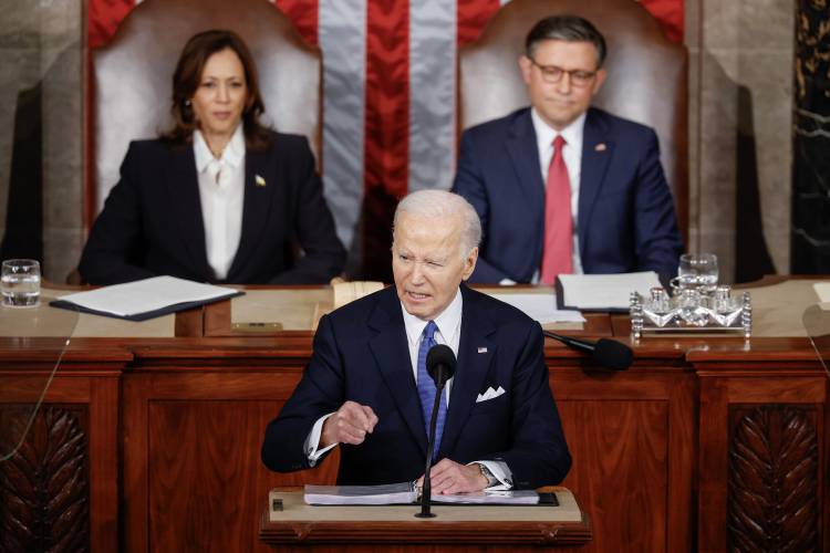 President Joe Biden delivers the State of the Union address during a joint meeting of Congress in the House chamber at the U.S. Capitol on Thursday, March 7, 2024, in Washington, D.C. Biden is joined by Vice President Kamala Harris and Speaker of the House Mike Johnson (R-LA). President Joe Biden delivers the State of the Union address during a joint meeting of Congress in the House chamber at the U.S. Capitol on Thursday, March 7, 2024, in Washington, D.C. Biden is joined by Vice President Kamala Harris and Speaker of the House Mike Johnson (R-LA).