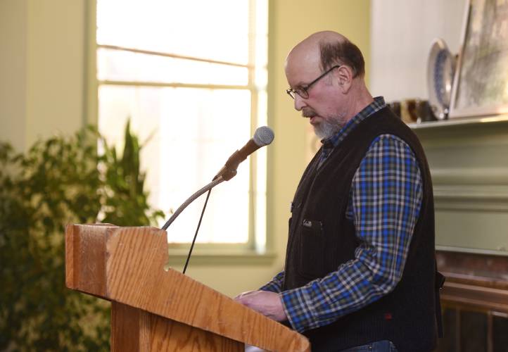 Bob Barba, the 2019 winner of the Poet’s Seat Poetry Contest’s adult category who now serves as that category’s head judge, reads his winning poem during the 2019 awards ceremony at Stoneleigh-Burnham School in Greenfield. This year’s event will be held Tuesday, April 23, at the Greenfield Public Library. Bob Barba, the 2019 winner of the Poet’s Seat Poetry Contest’s adult category who now serves as that category’s head judge, reads his winning poem during the 2019 awards ceremony at Stoneleigh-Burnham School in Greenfield. This year’s event will be held Tuesday, April 23, at the Greenfield Public Library.