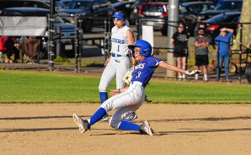 Turners Falls baserunner McKenzie Stafford slides safely into second base against Hopedale during the Thunder’s 4-1 victory in the MIAA Division 5 semifinal round on Wednesday night at Rockwood Field in Worcester.