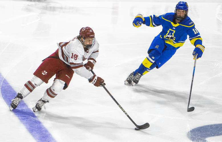 UMass right wing Cole O'Hara (19) keeps the puck from Alaska right wing Brendan Ross (18) during the NCAA hockey game at the Mullins Center, Friday, Jan. 24, 2025, in Amherst.