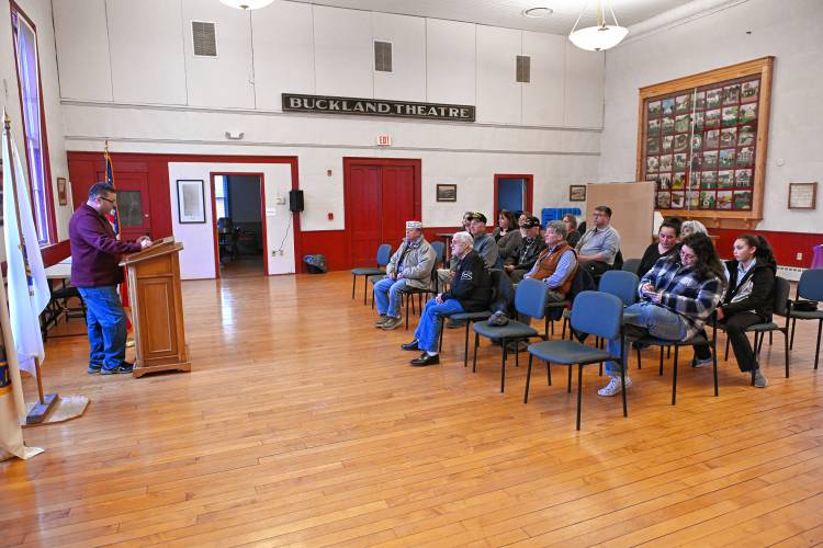 Buckland Selectboard Chair Clint Phillips speaks during a March 4 ceremony at Buckland Town Hall.
