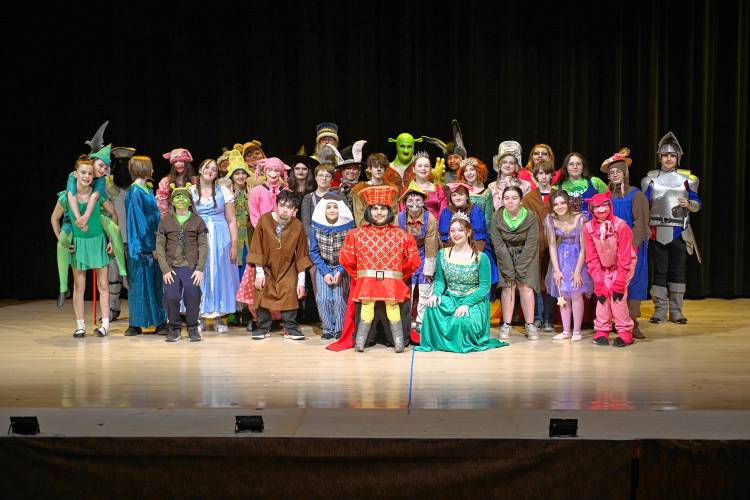 The cast of Turners Falls High School and Great Falls Middle School’s production of “Shrek the Musical.”