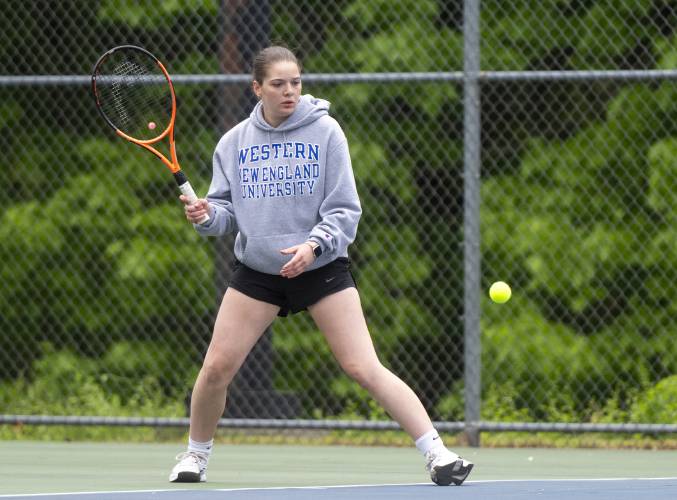 Belchertown's Gianna Picardi competes during the PVIAC Class B tournament championship against Frontier Regional at Belchertown High School, Wednesday, May 21, 2025, in Belchertown.