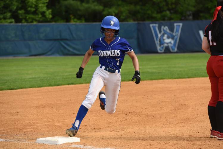 Turners Falls’ Marilyn Abarua rounds third base during the Thunder’s 12-1 win over Hoosac Valley in the Western Mass. Class D final on Wednesday at Westfield State University.