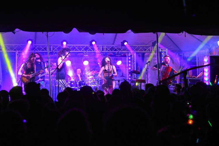 Bella’s Bartok performs on the Vernville Stage on Saturday night at the 20th StrangeCreek Campout at Camp Kee-wanee in Greenfield.