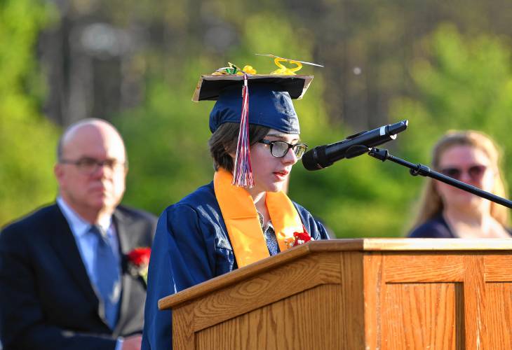 Frontier Regional School Senior Madison McCarthy reads her commencement poem at graduation on Friday Night in South Deerfield.