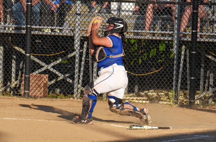 Turners Falls catcher Holly Myers snags a pop up for an out against Hopedale during the Thunder’s 4-1 victory in the MIAA Division 5 semifinal round on Wednesday night at Rockwood Field in Worcester.