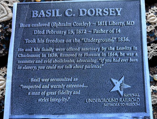 A marker at the gravestone of Basil C. Dorsey, a self-emancipated man who escaped slavery in Maryland and settled in Massachusetts. His story will be detailed by local historians Bambi Miller and Mary Boehmer during a Juneteenth event set for the Little Red Schoolhouse in East Charlemont at 6:30 p.m. on Wednesday.