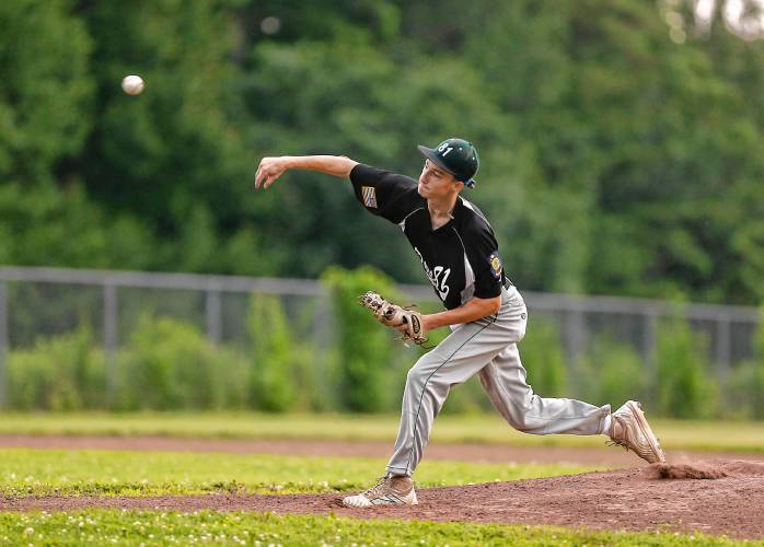 Greenfield Post 81 pitcher Caleb Thomas (12) throws against Belchertown Post 239 earlier this season in Belchertown. Greenfield Post 81 pitcher Caleb Thomas (12) throws against Belchertown Post 239 earlier this season in Belchertown.