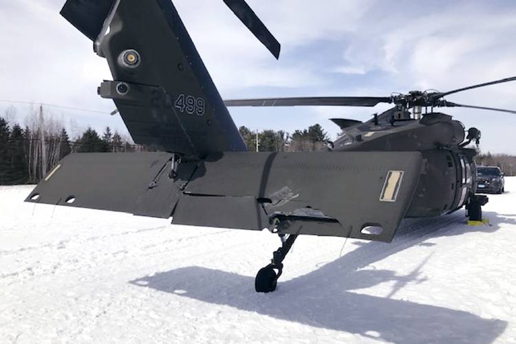 This U.S. Army photograph by attorney Douglas Desjardins shows a damaged Black Hawk helicopter resting in the snow on March 13, 2019, in Worthington.