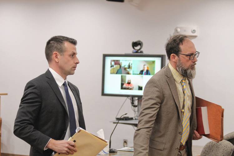 New Hampshire Department of Justice attorneys Alex Kellermann, left, and Peter Hinckley argue against bail for Andrea Martin and Christian Torruellas in 8th Circuit Court in Keene, New Hampshire on Wednesday.