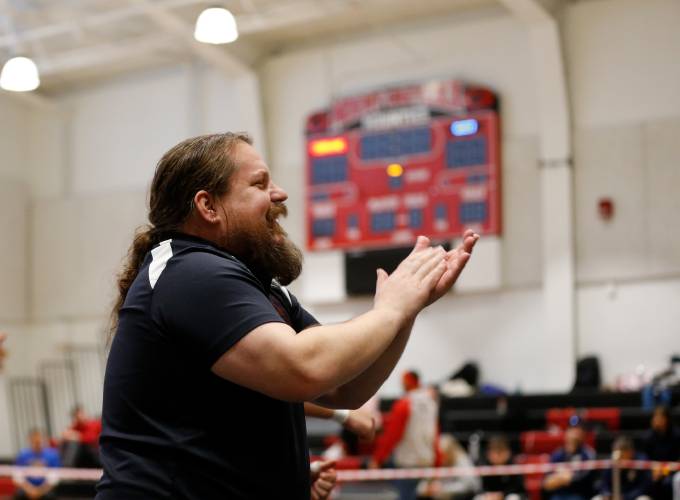 Frontier head coach Brian Bagdon reacts after Alexander Schreiber’s win in the 190-pound final Saturday during the MIAA Division 3 Western Mass wrestling championships at Mount Greylock Regional School in Williamstown in 2024. Frontier head coach Brian Bagdon reacts after Alexander Schreiber’s win in the 190-pound final Saturday during the MIAA Division 3 Western Mass wrestling championships at Mount Greylock Regional School in Williamstown in 2024.