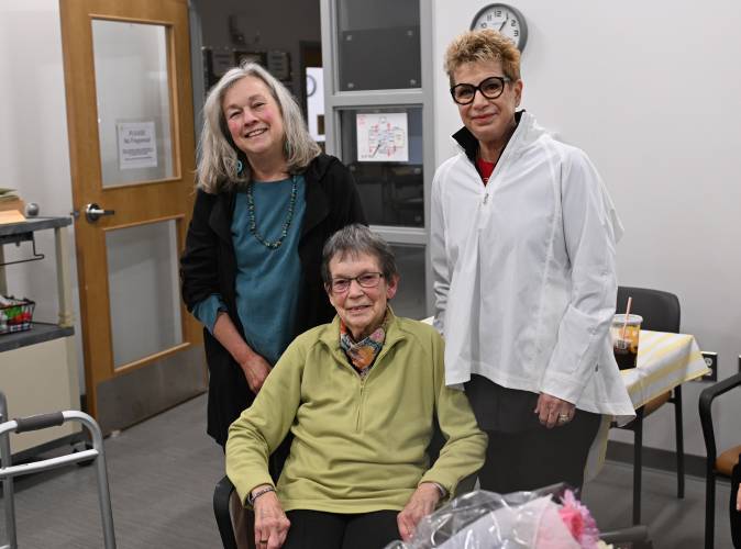 Ferdinanda Uchman’s friends and fellow Mahjong players at the Greenfield Senior Center organized a birthday party for her on Friday. She turned 100 on May 8. With her are her daughters Nancy Uchman, of Greenfield, and Tricia Weiner, visiting from Montana.