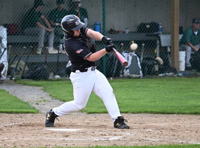 Pioneer’s Evan Tsipenyuk connects for a long fly ball against Greenfield at Vets Field Wednesday.
