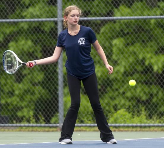 Frontier Regional's Ella Sibley competes during the PVIAC Class B tournament championship against Belchertown at Belchertown High School, Wednesday, May 21, 2025, in Belchertown.