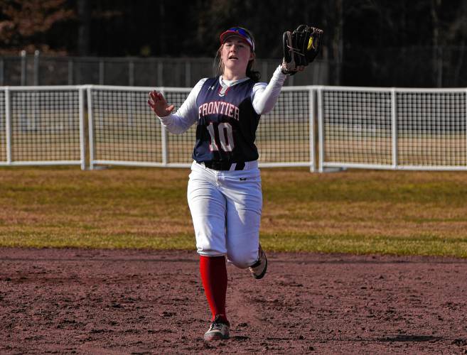 Frontier’s Skyler Steele (10) makes a catch at shortstop against Agawam during the Redhawks’ season opener on Friday at Zabek Field in South Deerfield.