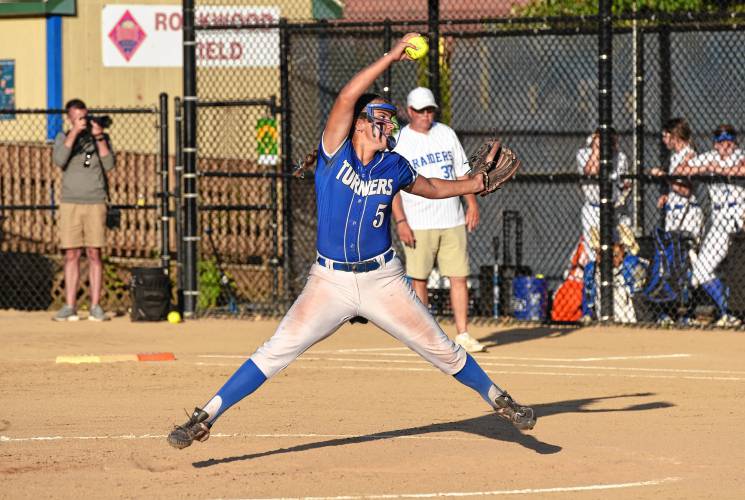 Turners Falls’ Madi Liimatainen delivers a pitch against Hopedale during the Thunder’s 4-1 victory in the MIAA Division 5 semifinal round on Wednesday night at Rockwood Field in Worcester.