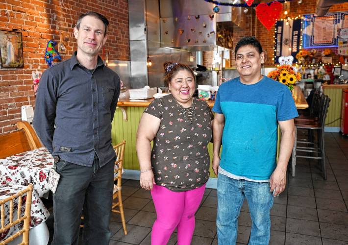 Co-owners Josh Breitner and Aleyda Romero and Chef Efrain Fuentes at Cocina Lupita on Court Square in Greenfield. The restaurant hopes to open a second location in Turners Falls.