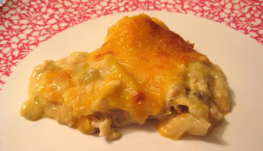 After removing it from the oven, let the casserole cool for a little while before slicing off bits. Or don’t wait — but the results will be goopy.