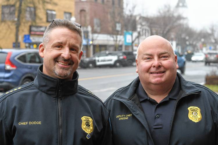 Greenfield Police Chief Todd Dodge and Deputy Police Chief Christopher Greene, pictured on Main Street. Dodge has announced that a team of assessors from the Massachusetts Police Accreditation Commission is scheduled to arrive on Monday, May 19, to begin examining various aspects of the Police Department’s policies and procedures, operations and facilities. Greenfield Police Chief Todd Dodge and Deputy Police Chief Christopher Greene, pictured on Main Street. Dodge has announced that a team of assessors from the Massachusetts Police Accreditation Commission is scheduled to arrive on Monday, May 19, to begin examining various aspects of the Police Department’s policies and procedures, operations and facilities.