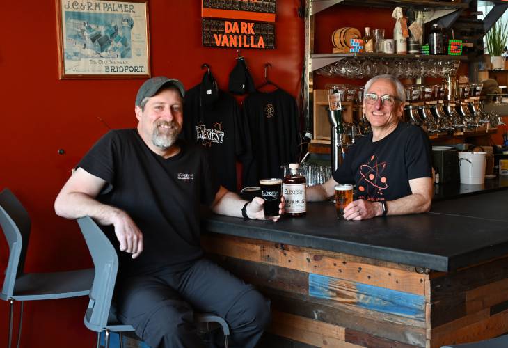Ben Anhalt and Dan Kramer of Element Brewing Co. in Millers Falls. In regard to a new state provision that allows local brewers to sell their products at farmers markets, Kramer said he feels that the effort to get a measure like this was a waste of political advocacy, and that small breweries like his would have to foot a bill on top of existing costs related to manufacturing, packaging, energy, labor, utilities and rent.