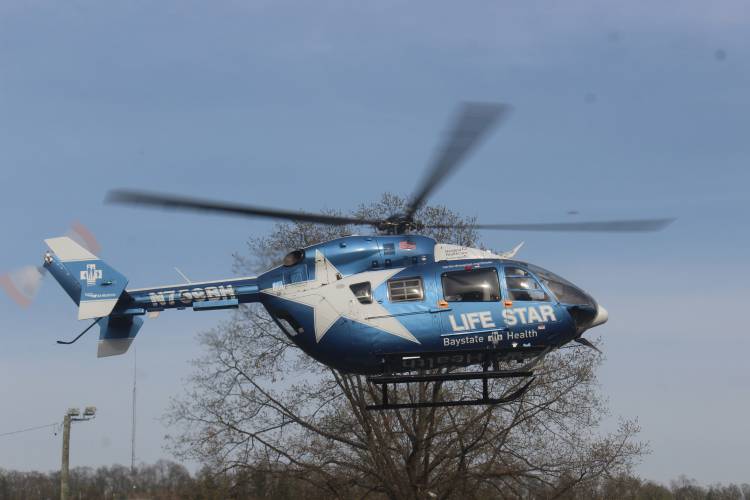 A 29-year-old Bernardston man was airlifted from Greenfield to Baystate Medical Center in Springfield following a motorcycle crash in Deerfield on Tuesday.