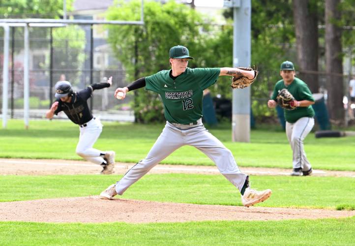 Greenfield’s Caleb Thomas pitches against Pioneer at Vets Field Wednesday. 