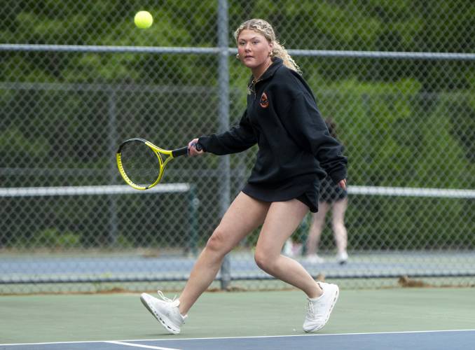 Belchertown's Amanda Murray competes during the PVIAC Class B tournament championship against Frontier Regional at Belchertown High School, Wednesday, May 21, 2025, in Belchertown.