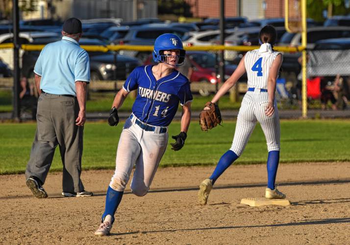 Turners Falls’ Mia Marigliano (14) rounds second base against Hopedale during the Thunder’s 4-1 victory in the MIAA Division 5 semifinal round on Wednesday night at Rockwood Field in Worcester.