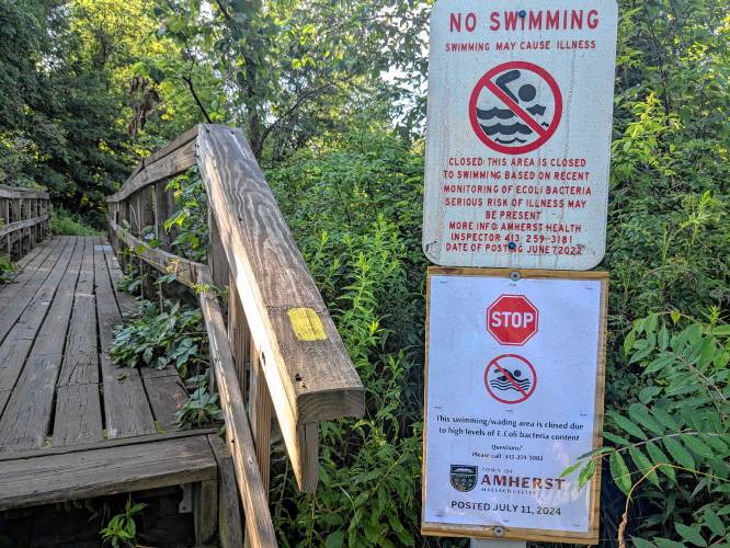 No swimming signs at Fort River in Amherst.
