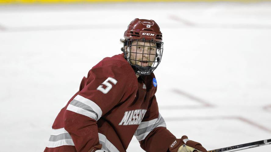 UMass defenseman Linden Alger (5) has three goals and an assist for the Minutemen this season. UMass defenseman Linden Alger (5) has three goals and an assist for the Minutemen this season.