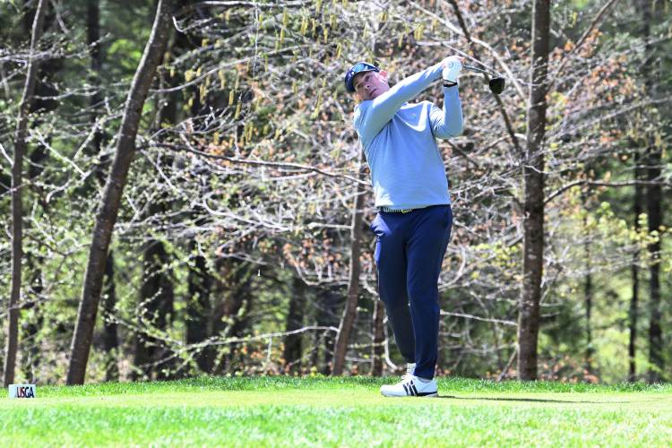 South Deerfield’s Keith Burch tees off on the 13th hole at the 2025 U.S. Open Local Qualifier  at Crumpin-Fox Club in Bernardston on Thursday. 