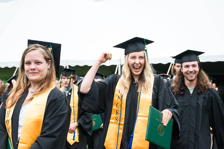Greenfield Community College graduates celebrate at Saturday’s commencement ceremony.