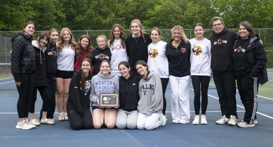 Members of the Belchertown girls tennis team after winning the PVIAC Class B tournament championship match against Frontier Regional at Belchertown High School, Wednesday, May 21, 2025, in Belchertown.