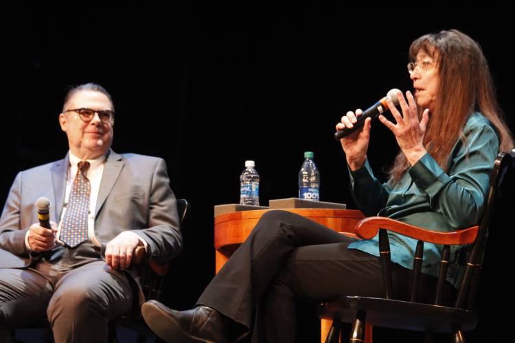 Margaret Bruchac, University of Pennsylvania professor emeritus and Indigenous scholar, pictured at right during a talk at Deerfield Academy in March, will present “Talk with the Indian Doctress: Interpreting 19th-Century Native American Medicine” on Saturday, Sept. 14, at the Shea Theater Arts Center in Turners Falls. Also pictured is author James Swanson. Margaret Bruchac, University of Pennsylvania professor emeritus and Indigenous scholar, pictured at right during a talk at Deerfield Academy in March, will present “Talk with the Indian Doctress: Interpreting 19th-Century Native American Medicine” on Saturday, Sept. 14, at the Shea Theater Arts Center in Turners Falls. Also pictured is author James Swanson.
