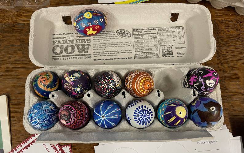 Completed eggs during the pysanky workshop at Belding Memorial Library in Ashfield.