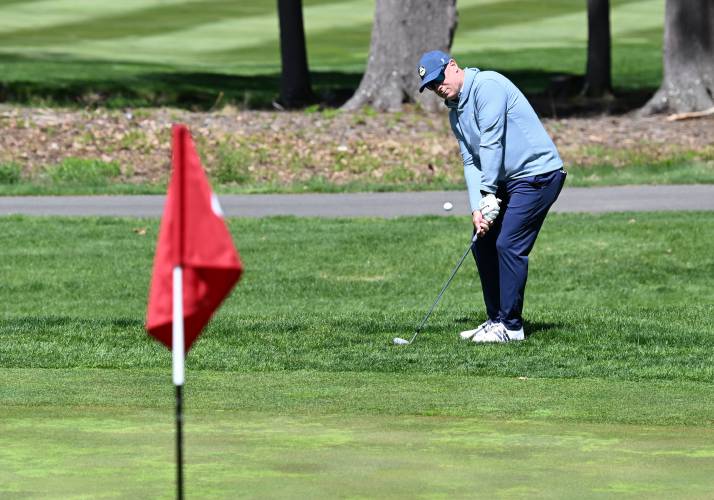 South Deerfield’s Keith Burch chips onto the 13th green at the 2025 U.S. Open Local Qualifier at  Crumpin-Fox Club in Bernardston on Thursday. 