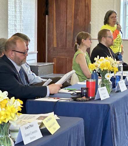 Sheryl Stanton, superintendent of the Mohawk Trail and Hawlemont Regional school districts, discusses the school budget at Ashfield’s Annual Town Meeting on Saturday. Ashfield’s $2.8 million assessment to Mohawk Trail represents a 6.3% increase. Sheryl Stanton, superintendent of the Mohawk Trail and Hawlemont Regional school districts, discusses the school budget at Ashfield’s Annual Town Meeting on Saturday. Ashfield’s $2.8 million assessment to Mohawk Trail represents a 6.3% increase.