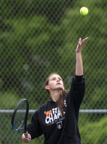 Belchertown's Mia Corish serves the ball during the PVIAC Class B tournament championship against Frontier Regional at Belchertown High School, Wednesday, May 21, 2025, in Belchertown.