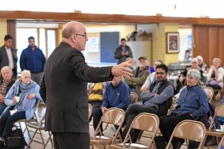 Congressman Jim McGovern talks with those gathered at the South County Senior Center in South Deerfield on Wednesday.