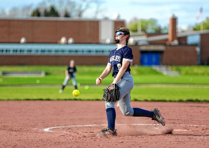 Franklin Tech pitcher Hannah Gilbert throws against Hopkins Academy earlier this season in Hadley.