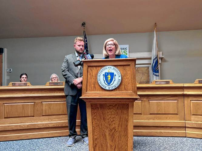 Sen. Julian Cyr and Rep. Kate Hogan speak at a legislative briefing at the State House on Tuesday about their bill to phase out products with PFAS chemicals in Massachusetts. Sen. Julian Cyr and Rep. Kate Hogan speak at a legislative briefing at the State House on Tuesday about their bill to phase out products with PFAS chemicals in Massachusetts.