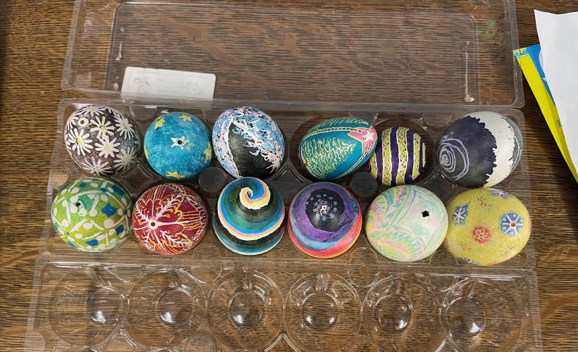 Completed eggs during the pysanky workshop at Belding Memorial Library in Ashfield.