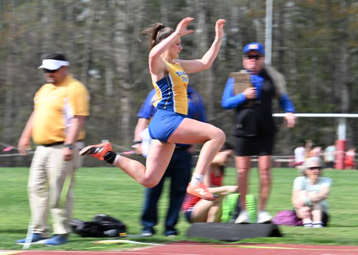 Mohawk Trail’s Zephyr Jetzon competes in the long jump in South Deerfield on Tuesday. 